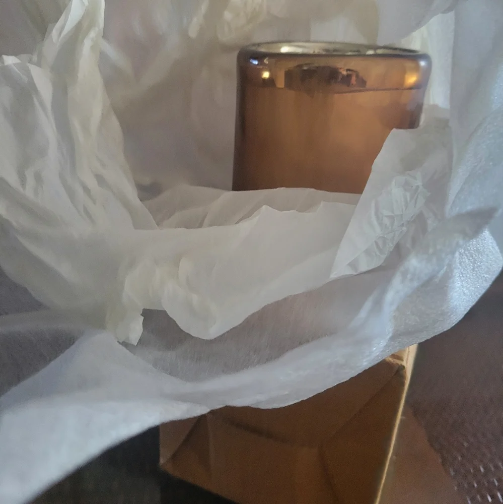 2 New Pottery Barn gold votive candle holders Linen textured & Brie copp…